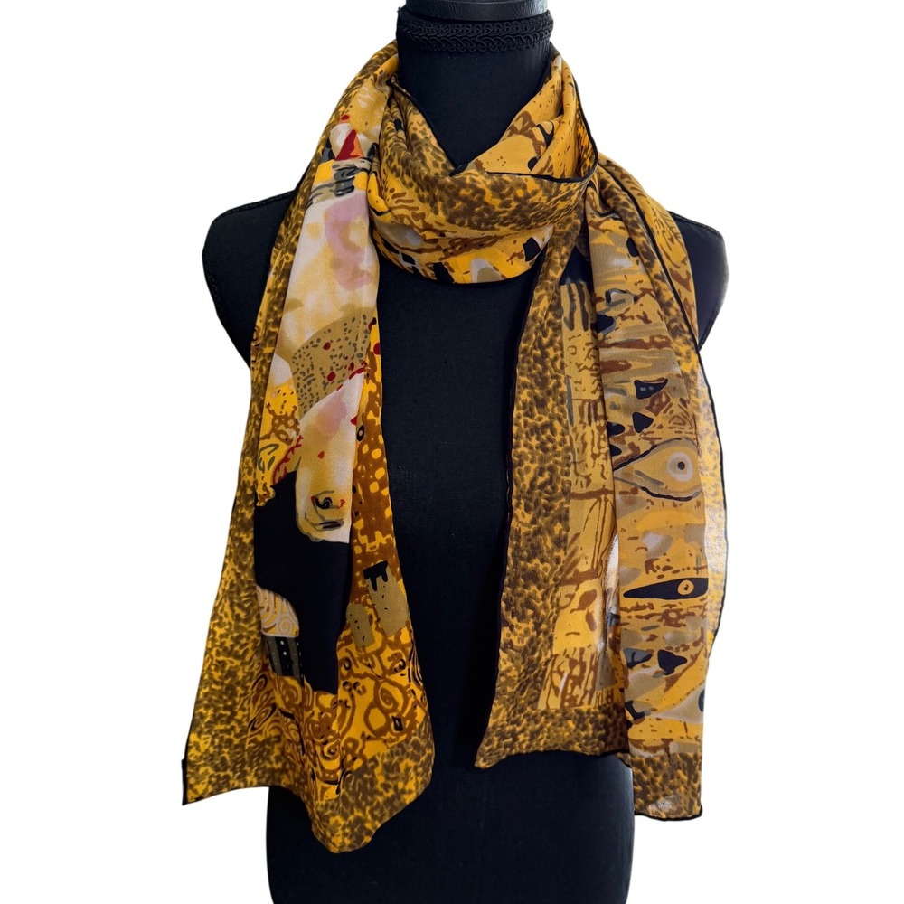 Gustav Klimt Inspired Portrait Art Scarf Gold Black Satin Feel Wrap Shawl 31x14